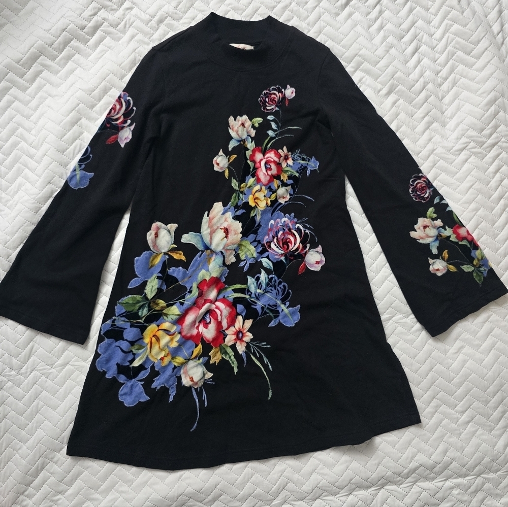 Rene Derhy Black Floral Long Sleeve Mini Dress